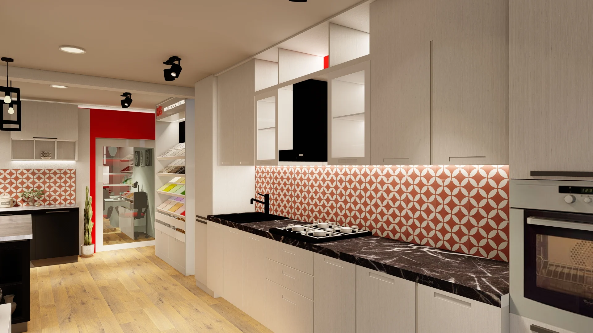 Retail Interior Design, Sri Lanka, pannipitiya, Red and white themed Kitchen showroom,dummy kitchen angle 6