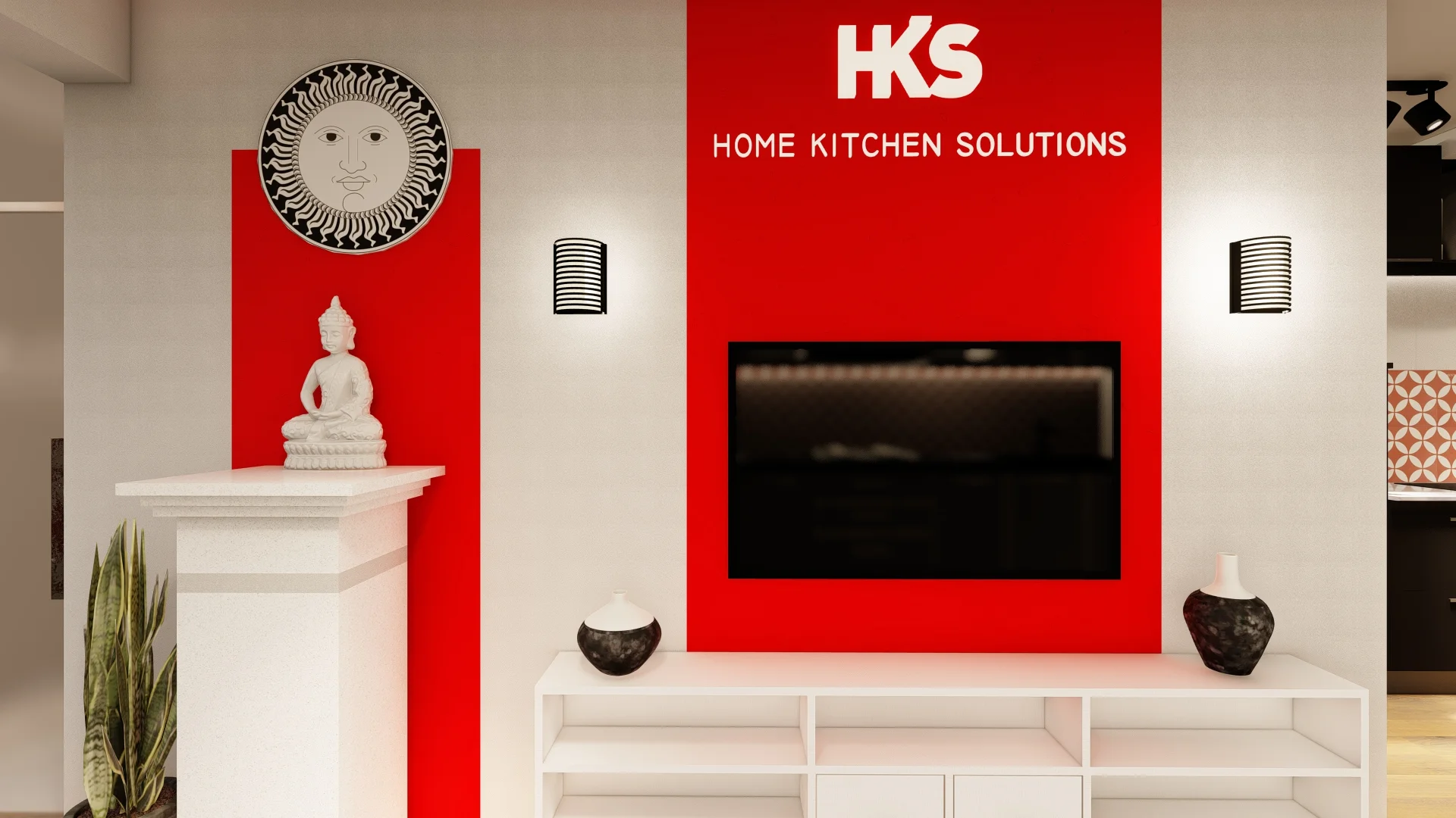 Retail Interior Design, Sri Lanka, pannipitiya, Red and white themed Kitchen showroom, entrance angle 3