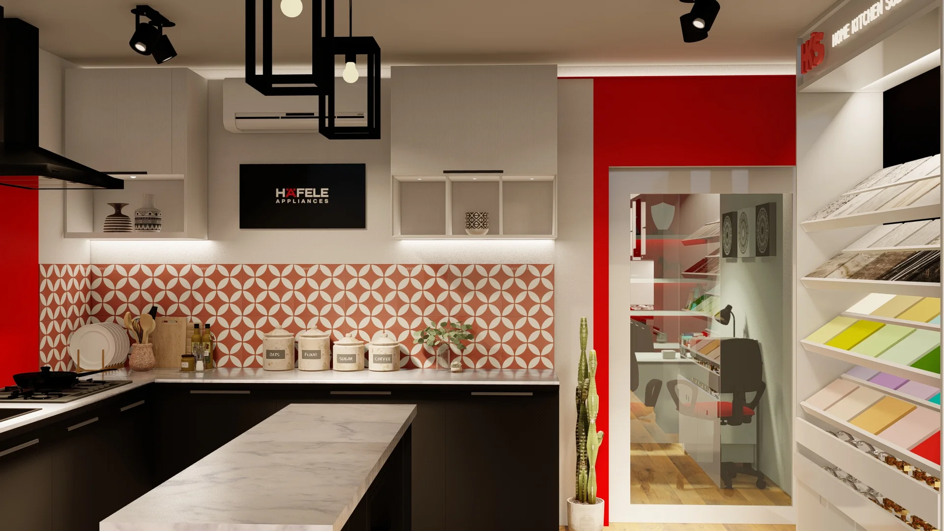 Retail Interior Design, Sri Lanka, pannipitiya, Red and white themed Kitchen showroom, dummy kitchen angle 3
