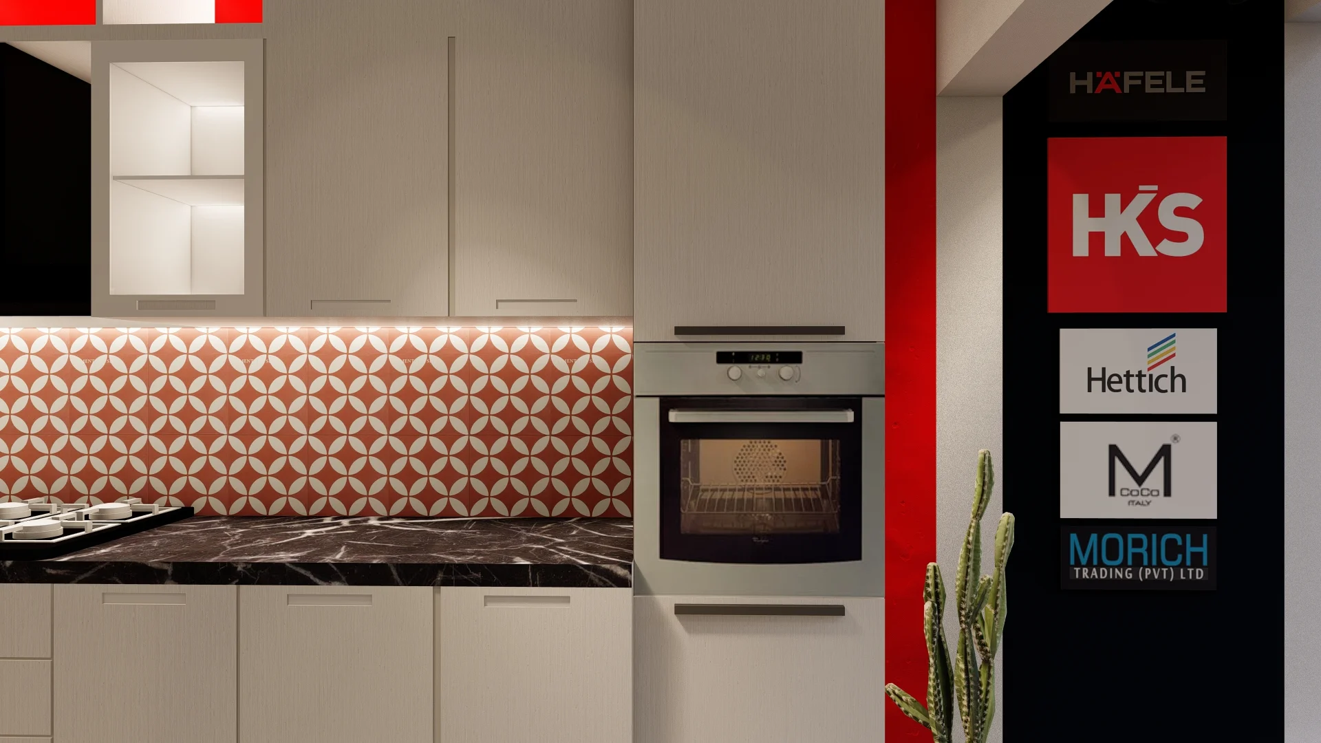Retail Interior Design, Sri Lanka, pannipitiya, Red and white themed Kitchen showroom, dummy kitchen angle 4