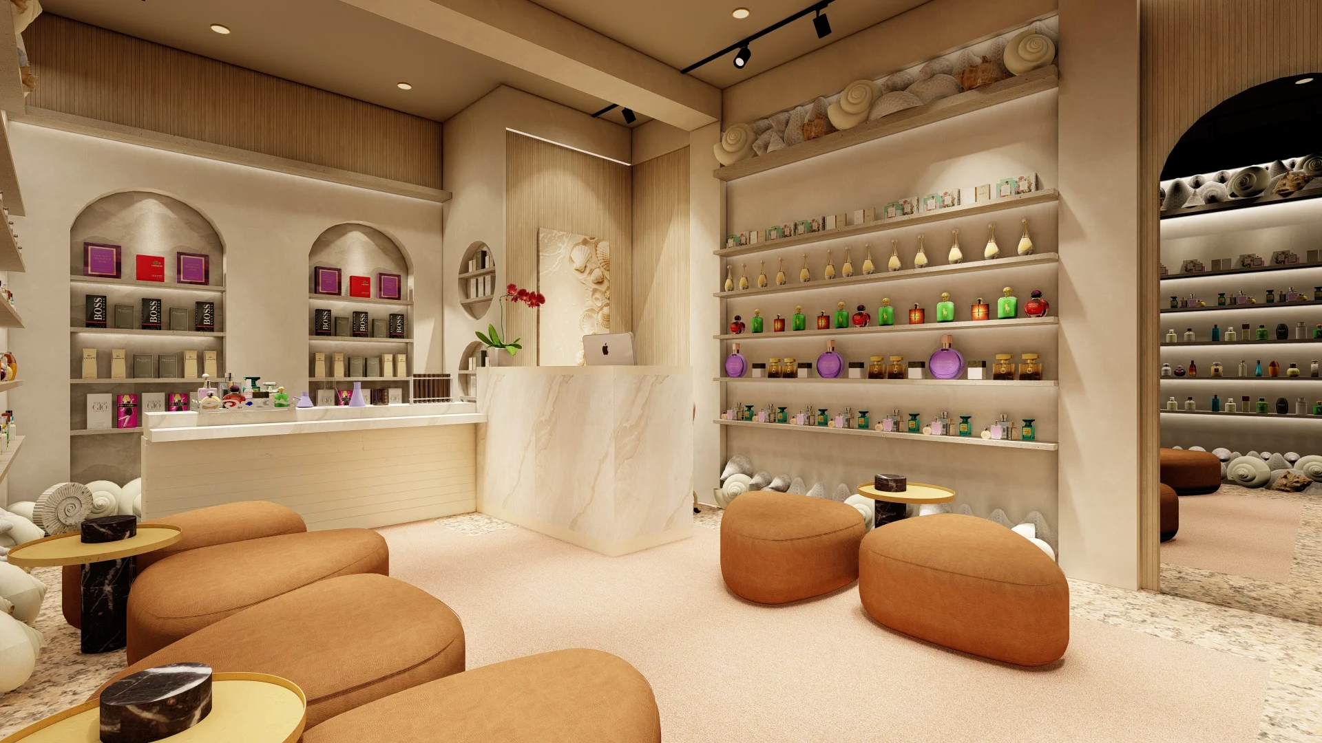 Interior Design Colombo,Gold brown and white balanced theme, Perfume Store, angle 1