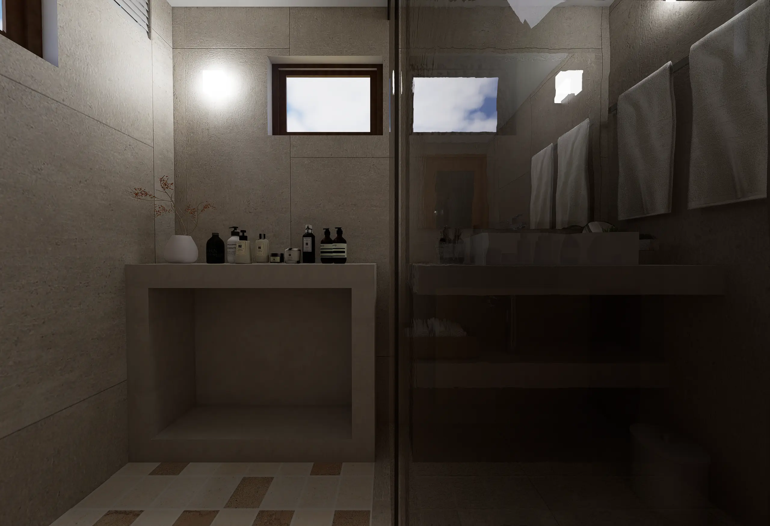 Interior Design, Padukka, Sri Lanka, A Timeless Beige Interior Concept project, bathroom 2 angle 4, inside of shower area with decor wall