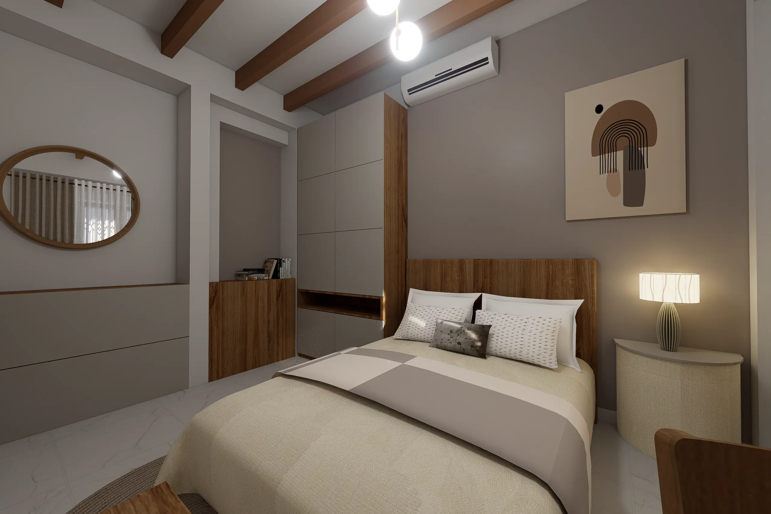 Interior Design, Padukka, Sri Lanka, A Timeless Beige Interior Concept project, Bedroom 1 angle 2, double bed with matching wardrobe and a wall art for Beige-Themed