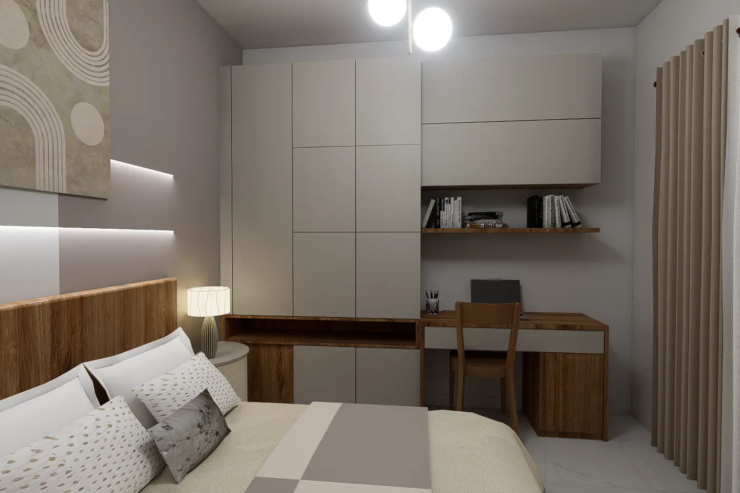 Interior Design, Padukka, Sri Lanka, A Timeless Beige Interior Concept project, Bedroom 2 angle 3, white melamine board and wooden finish wardrobe with a study table