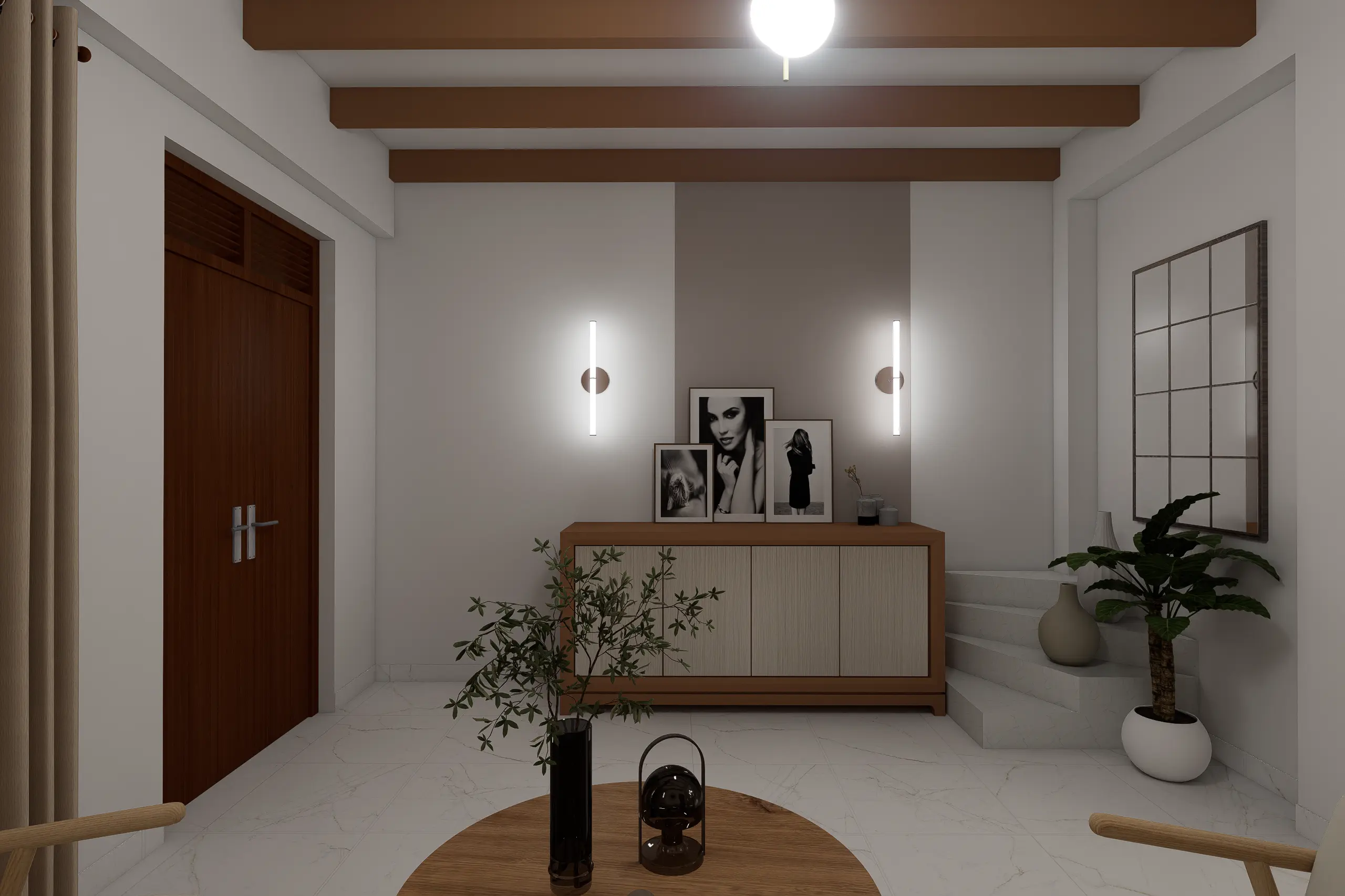 Interior Design, Padukka, Sri Lanka, A Timeless Beige Interior Concept project, Entrance area angle 3, console with decor wall