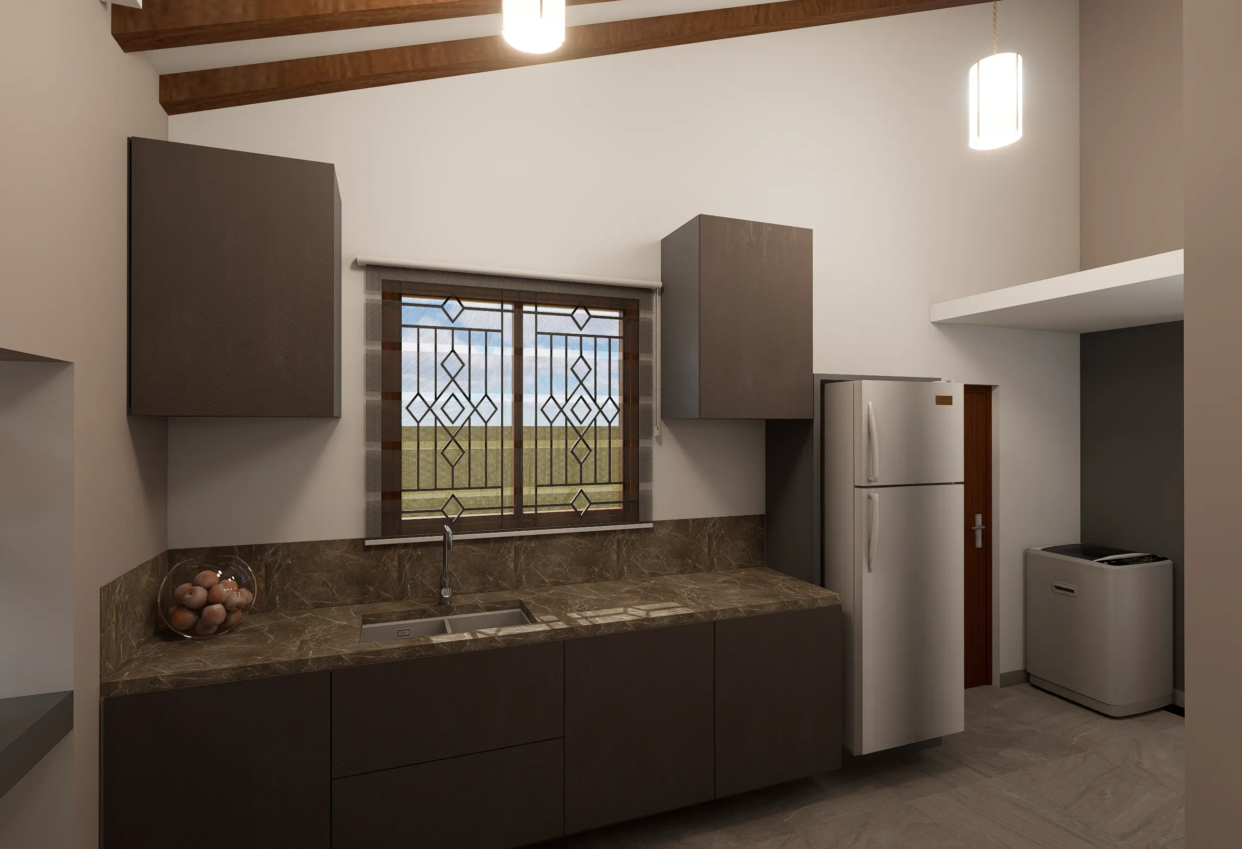 Interior Design, Padukka, Sri Lanka, A Timeless Beige Interior Concept project, kitchen area angle 2, brown theme pantry cupboards