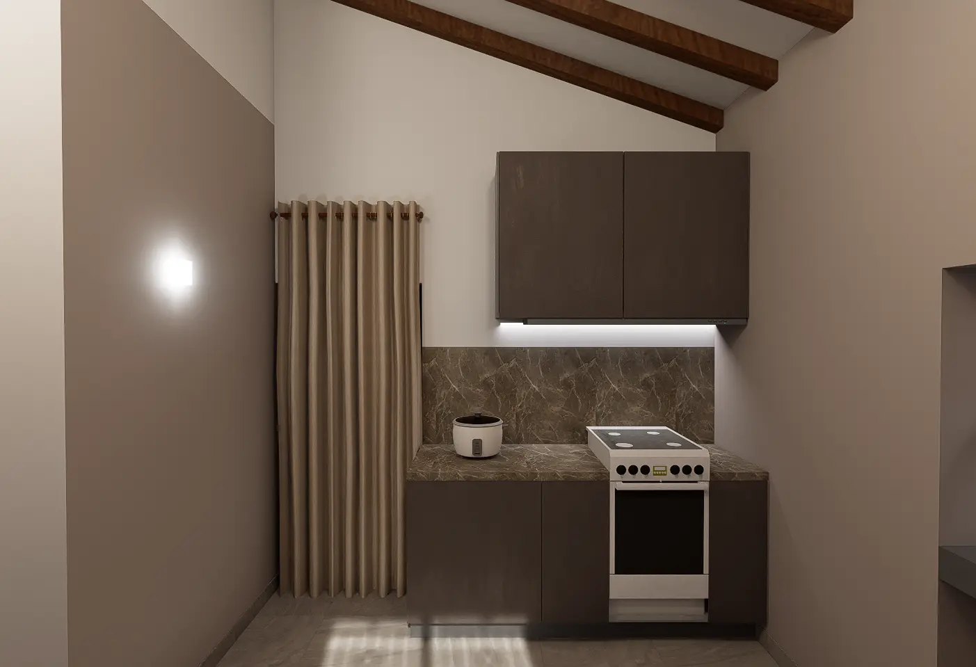 Interior Design, Padukka, Sri Lanka, A Timeless Beige Interior Concept project, kitchen area angle 4, brown theme pantry cupboards