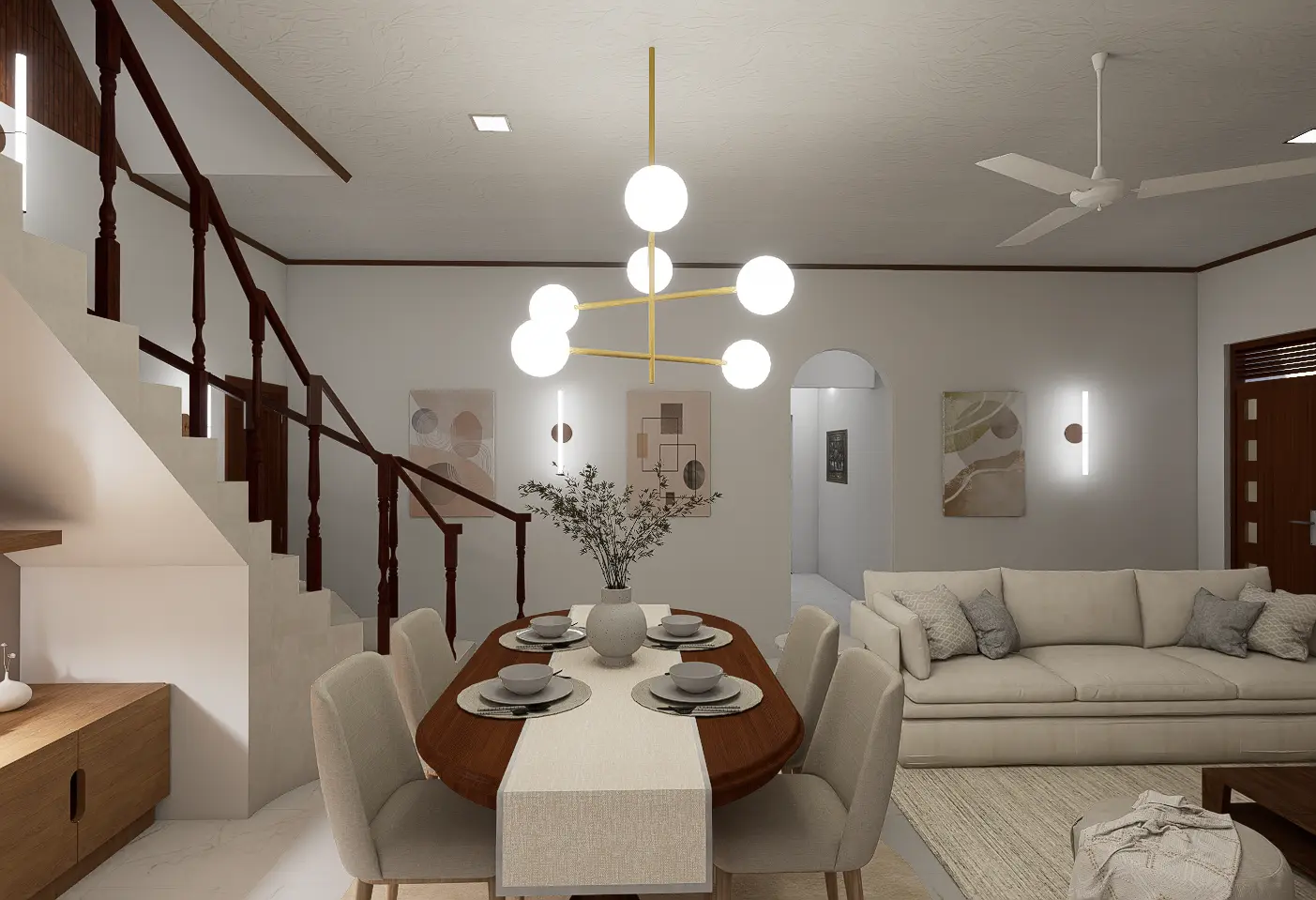 Interior Design, Padukka, Sri Lanka, A Timeless Beige Interior Concept project, Living area angle 1, dining table and modern chandelier