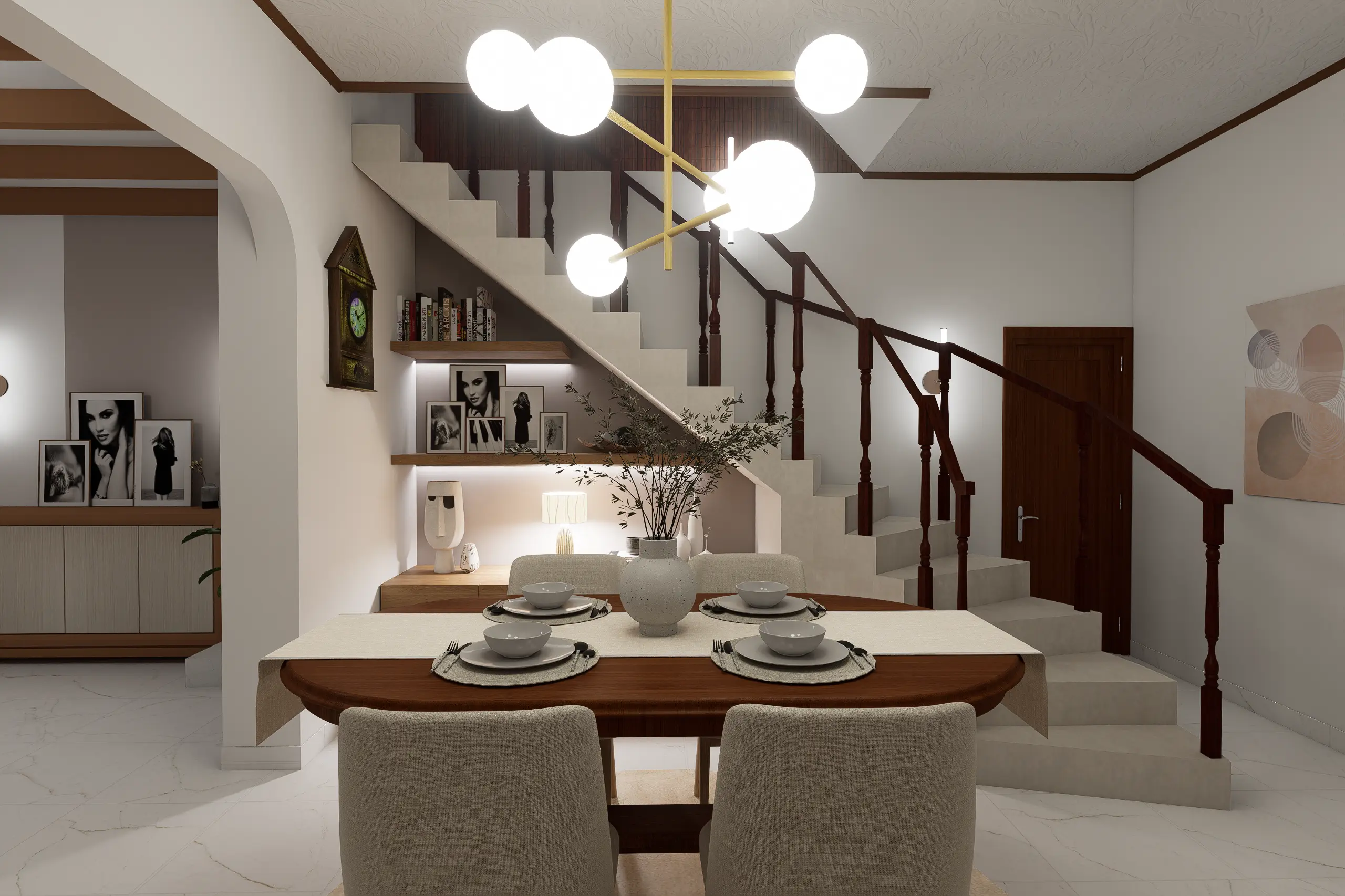 Interior Design, Padukka, Sri Lanka, A Timeless Beige Interior Concept project, Living area angle 3, a dining table, modern chandelier and wall console