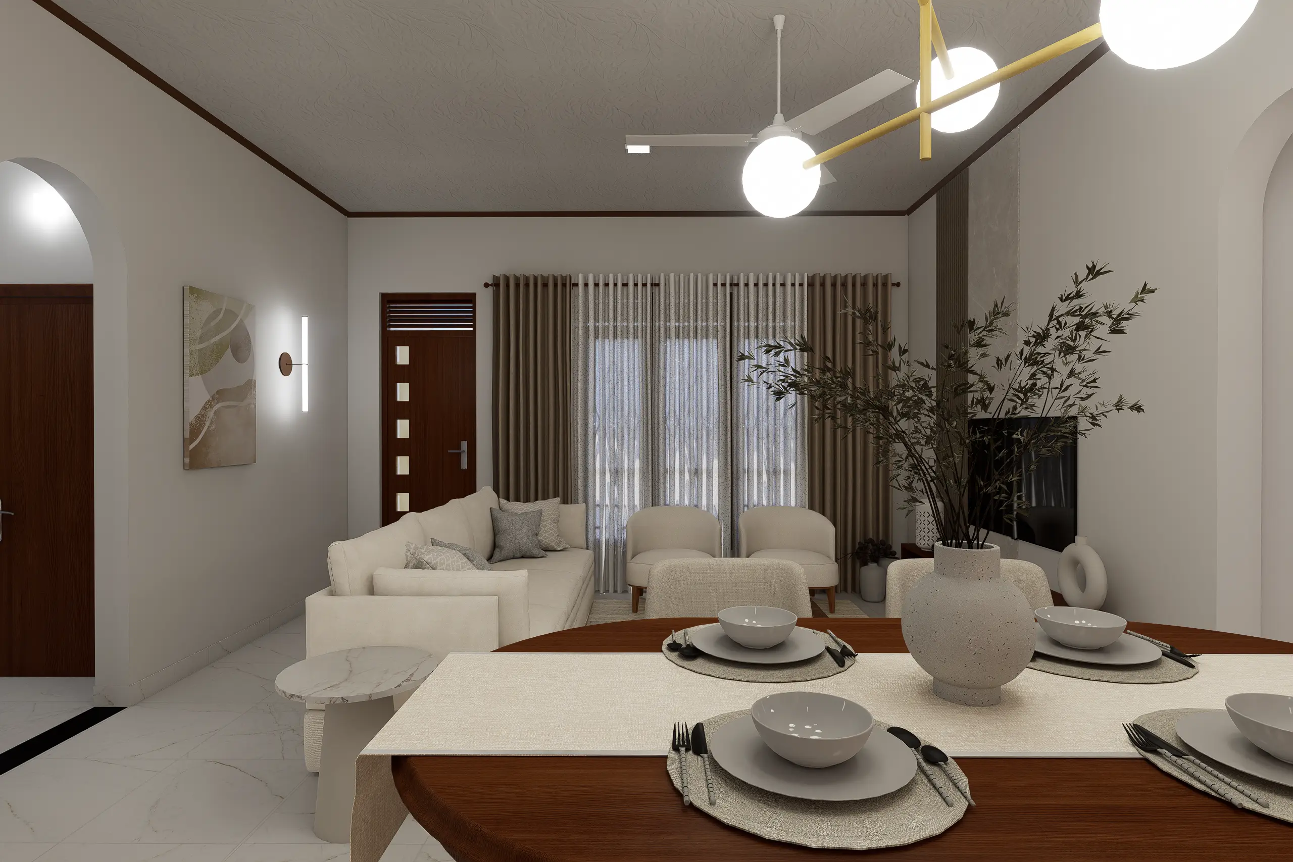 Interior Design, Padukka, Sri Lanka, A Timeless Beige Interior Concept project, Living area angle 4, simple sofa with 2 accent chairs