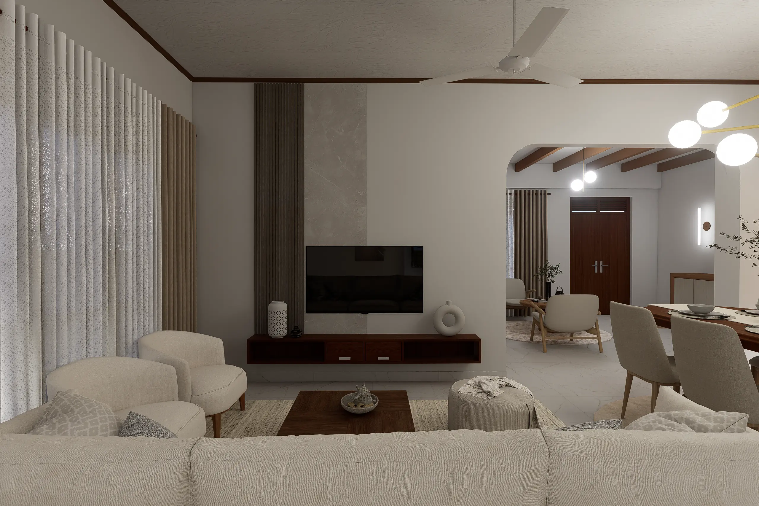 Interior Design, Padukka, Sri Lanka, A Timeless Beige Interior Concept project, Living area angle 5, Tv wall panel with tv console