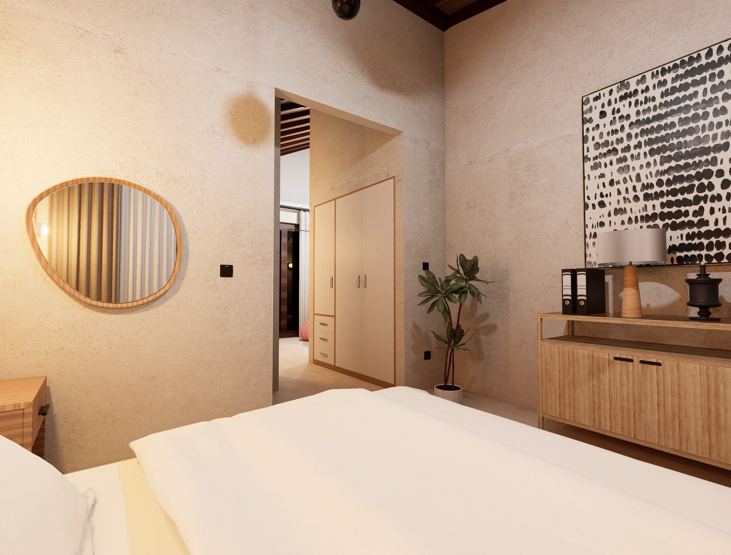 Home Interior Design,Rustic modern,affordable furniture,Brick & Ivory Residence, Biyagama,brick wall concept, white theme bedroom angle 1, wall art,mirror and bed