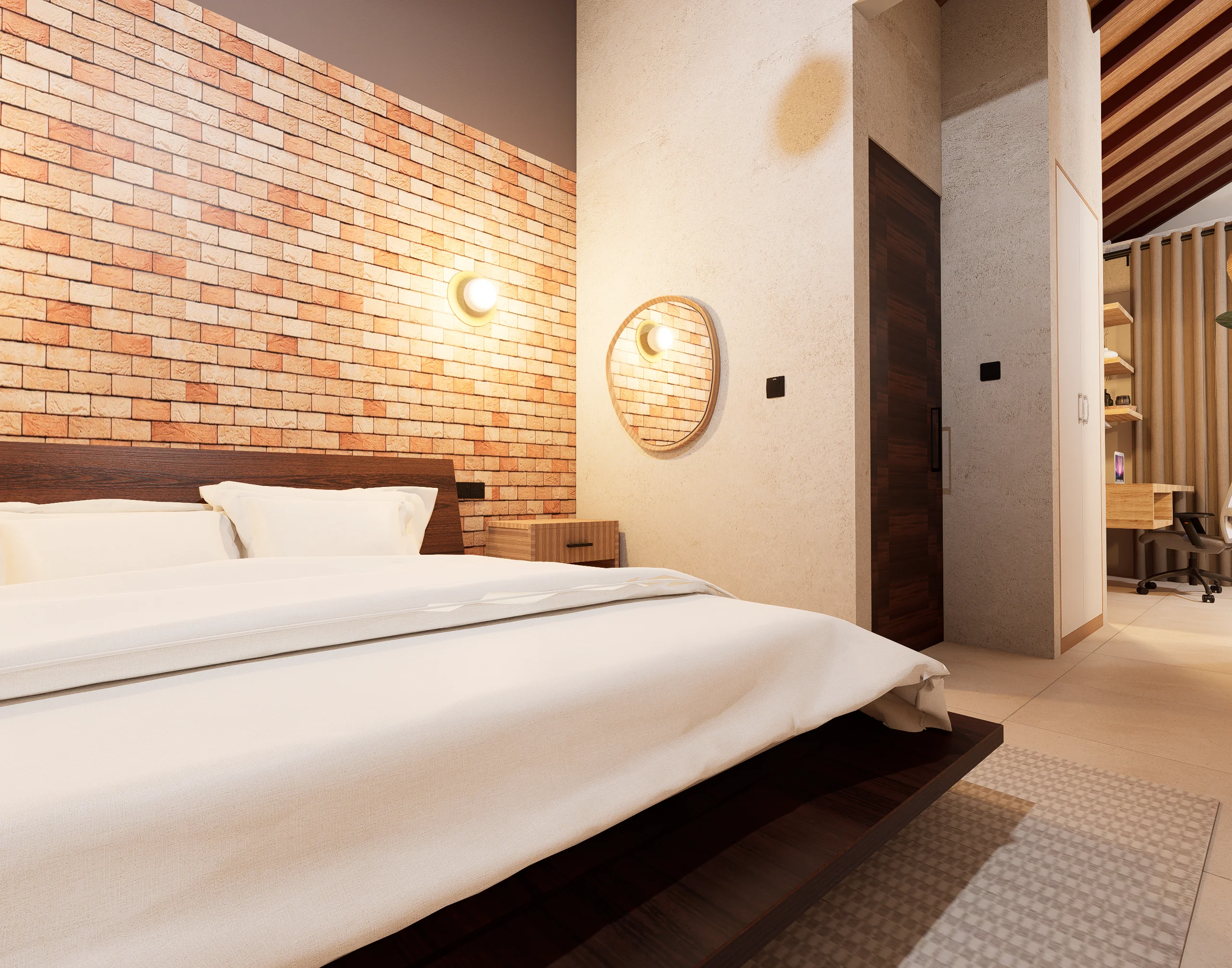 Home Interior Design,Rustic modern,affordable furniture,Brick & Ivory Residence, Biyagama, brick wall concept,white theme bedroom angle 2