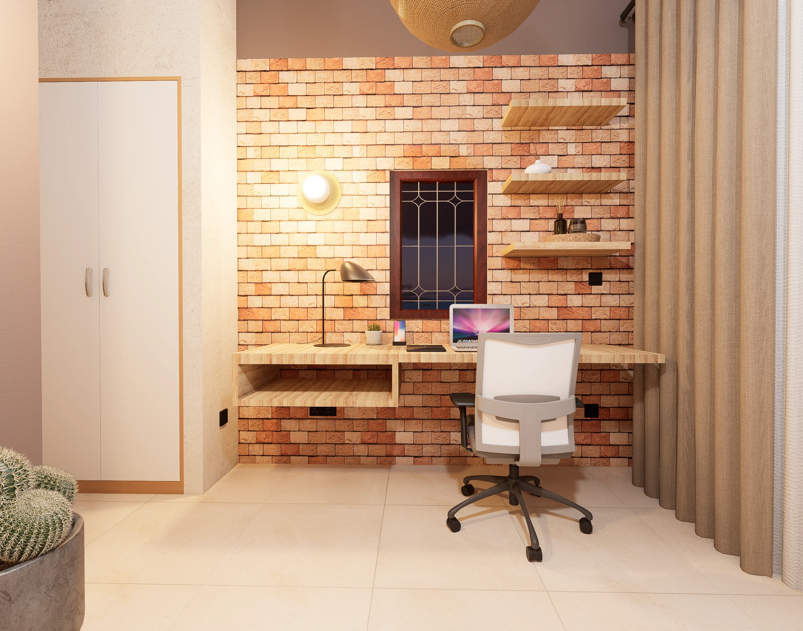 Home Interior Design,Rustic modern,affordable furniture,Brick & Ivory Residence, Biyagama, brick wall concept,study room angle 2, wooden wall panel study table