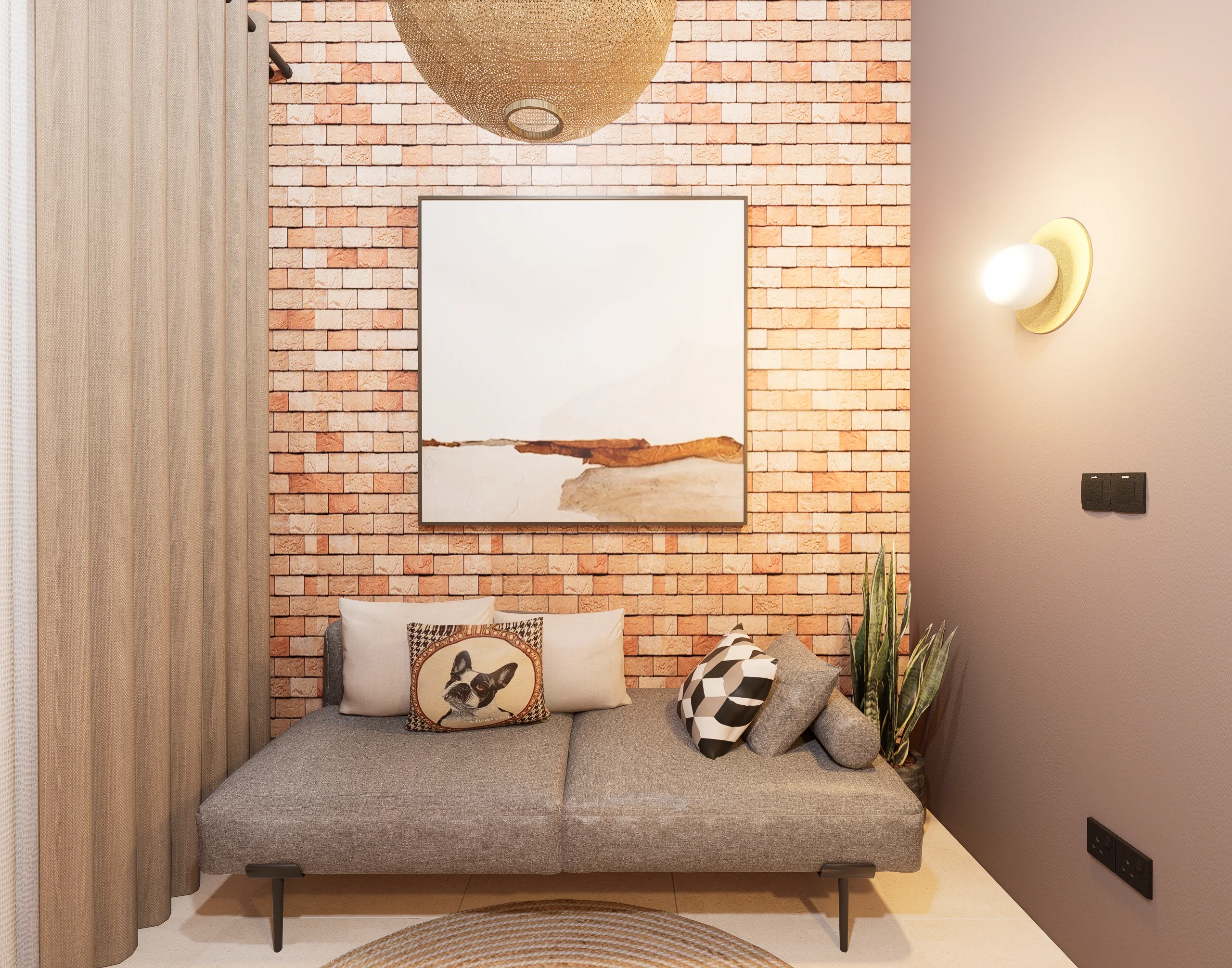 Home Interior Design,Rustic modern,affordable furniture,Brick & Ivory Residence, Biyagama, brick wall concept,study room angle 3, wall art and small sofa