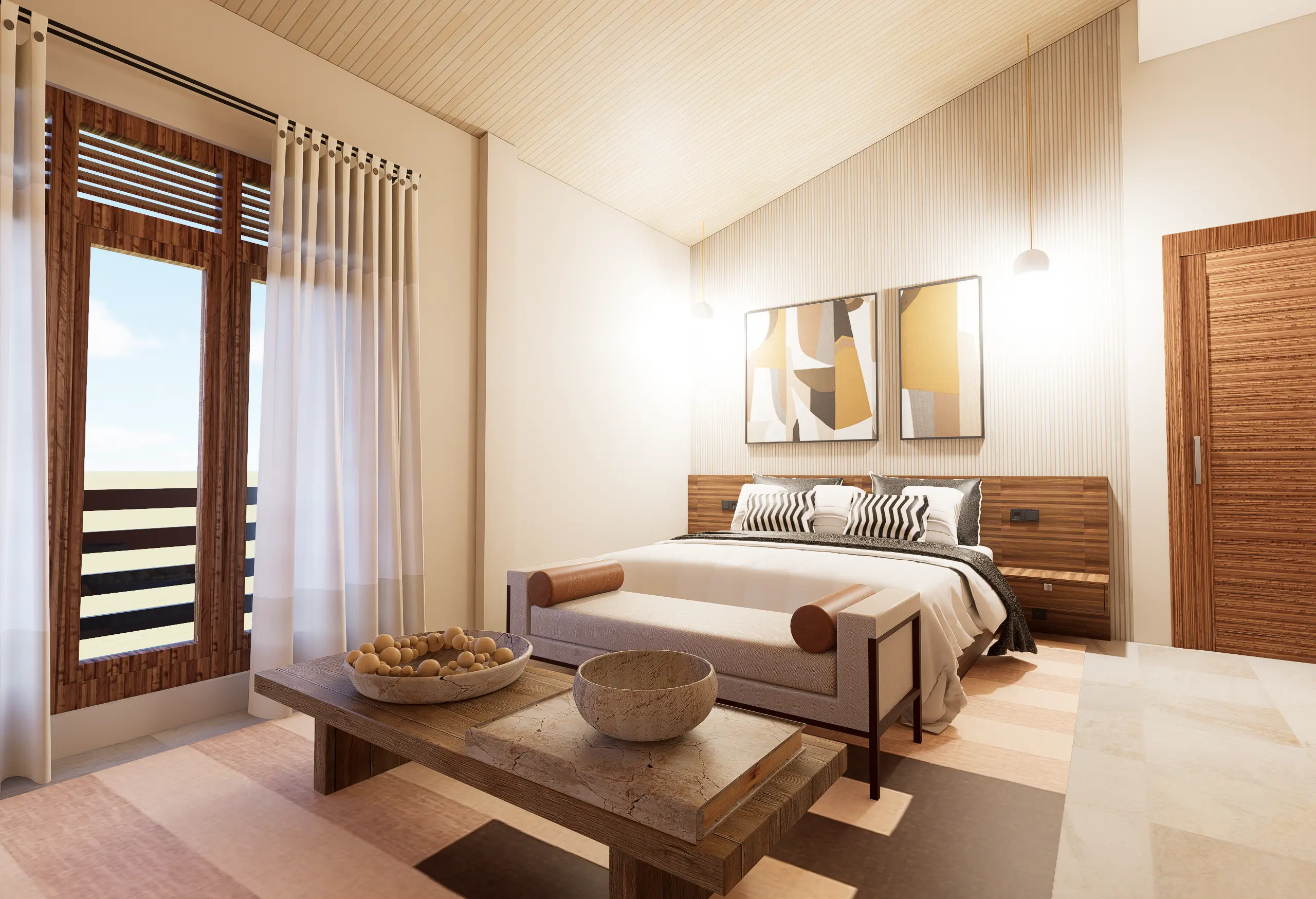 Timeless Luxury Villa Interior Design Project Galle, Sri Lanka, soft white palettes with wood, bedroom 1 angle 1
