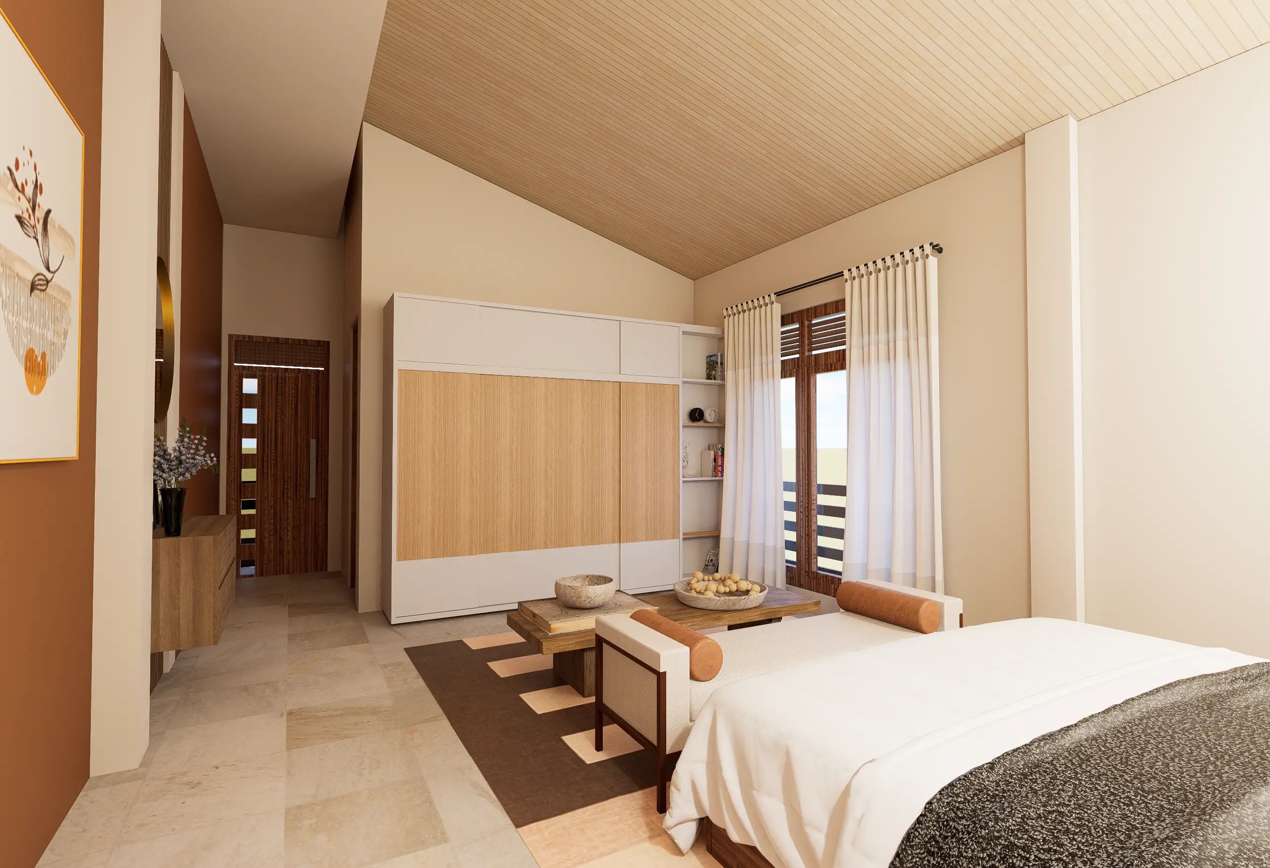 Timeless Luxury Villa Interior Design Project Galle, Sri Lanka, soft white palettes with wood, bedroom 1 angle 3