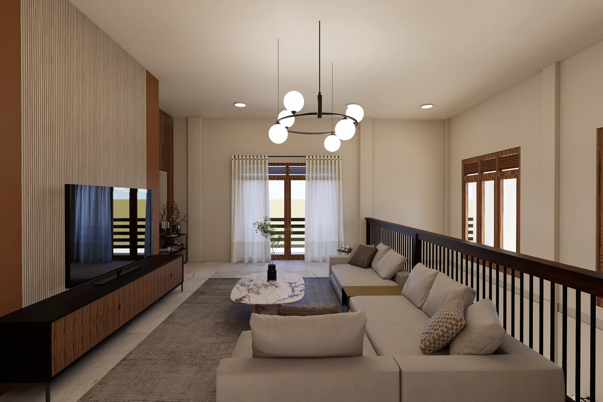 Timeless Luxury Villa Interior Design Project Galle, Sri Lanka, soft white palettes with wood, tv-area angle 1