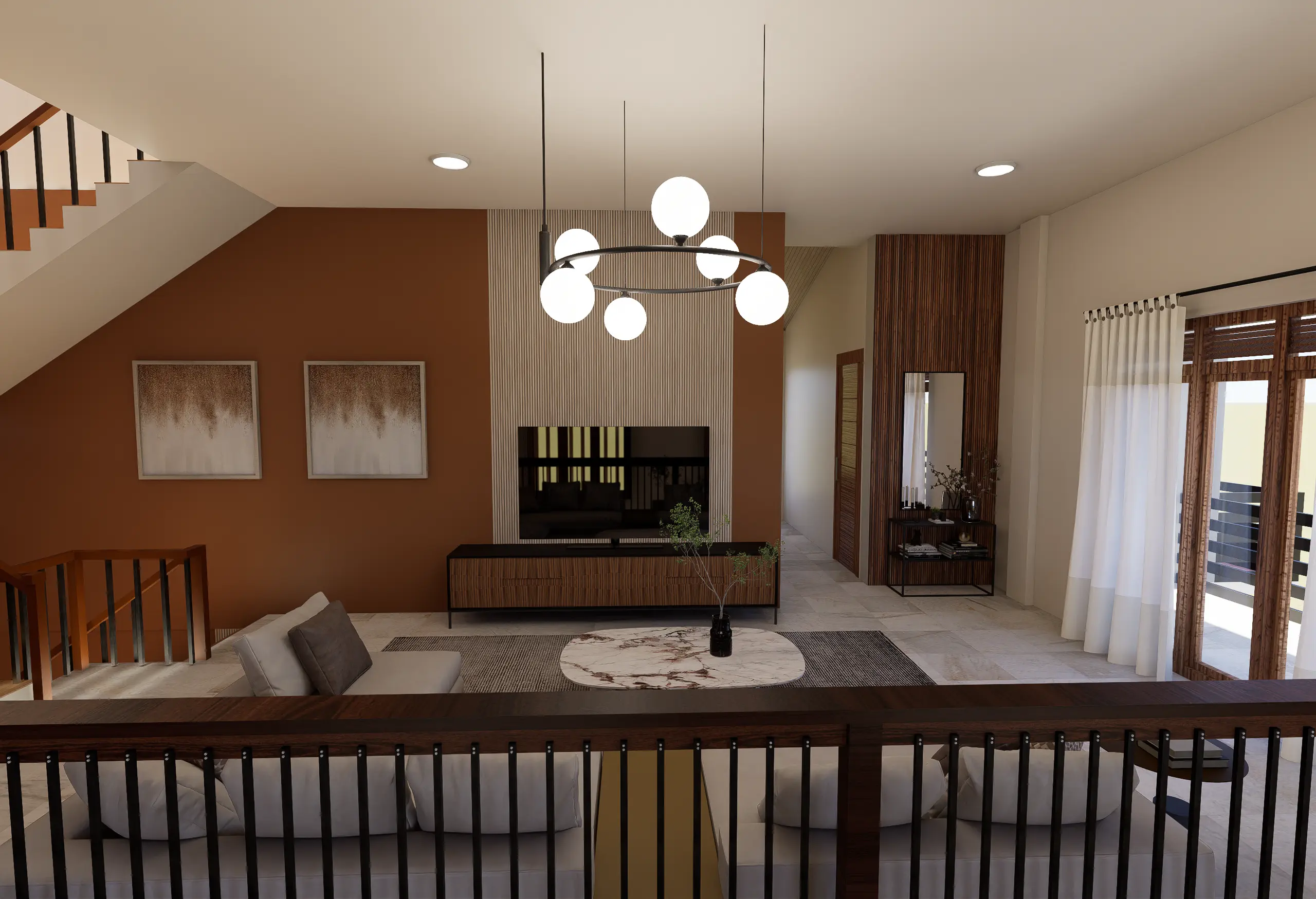 Timeless Luxury Villa Interior Design Project Galle, Sri Lanka, soft white palettes with wood, tv-area angle 2
